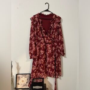 Time & Tru Fall Dress, Long Sleeve, Barely Worn, Floral Burgundy, Size: L(12-14)